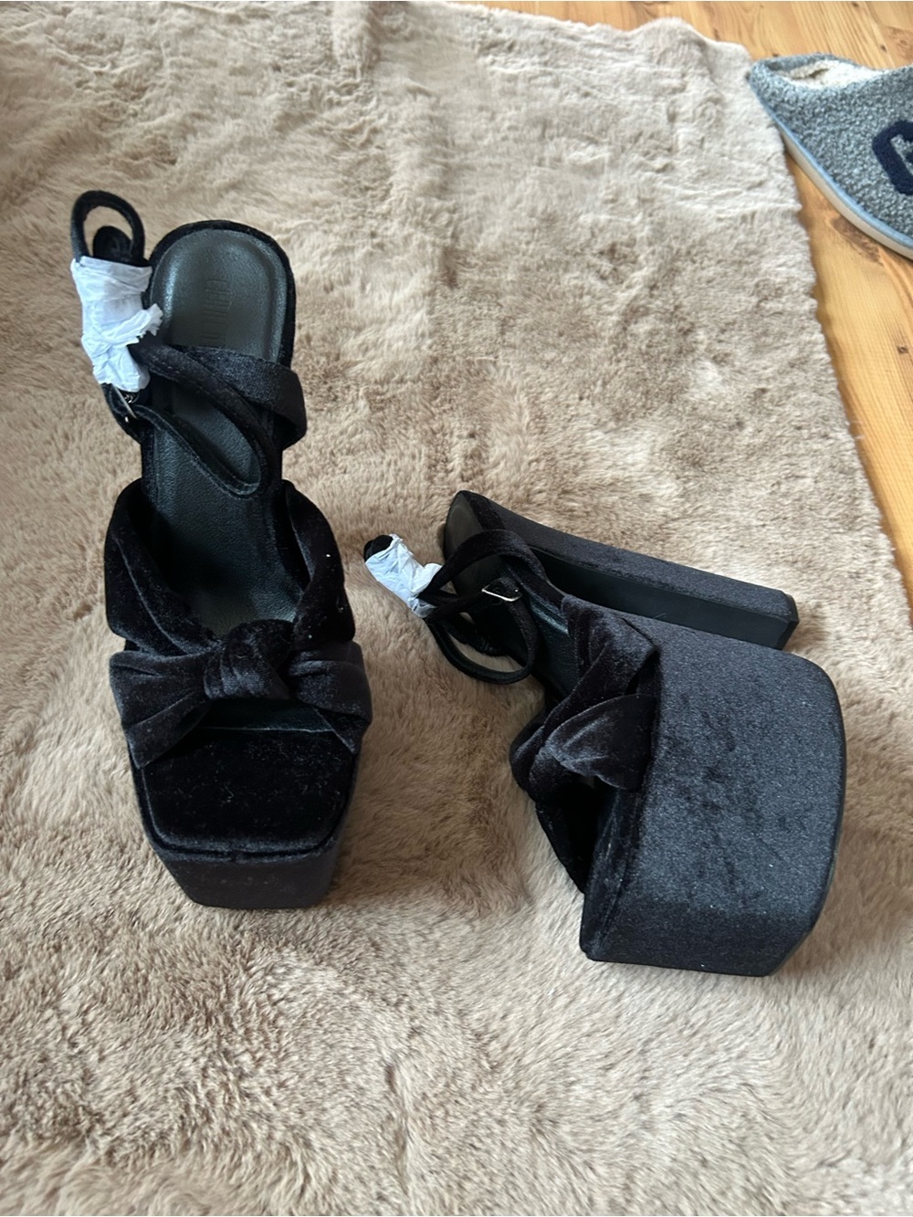 Black Velvet Platform Heeled Sandals - Women